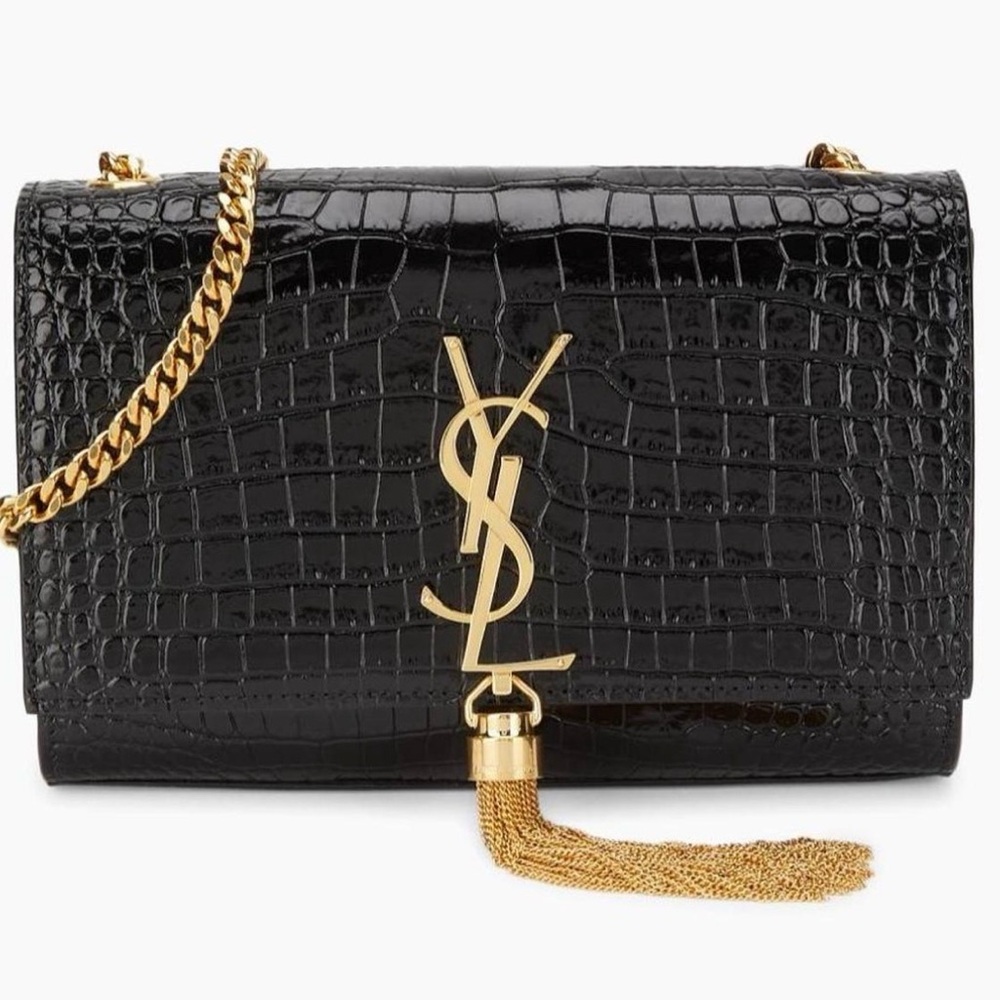 Saint Laurent Black Croc-Embossed Clutch with Gold Accents